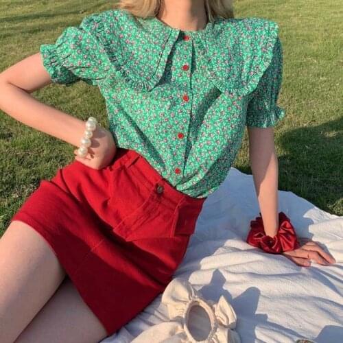 2-Piece Dress Set Women Retro Green Floral Shirts+Mini Skirts Peter Pan Collar Kawaii Female 2021 New Summer Korean Trend Suits