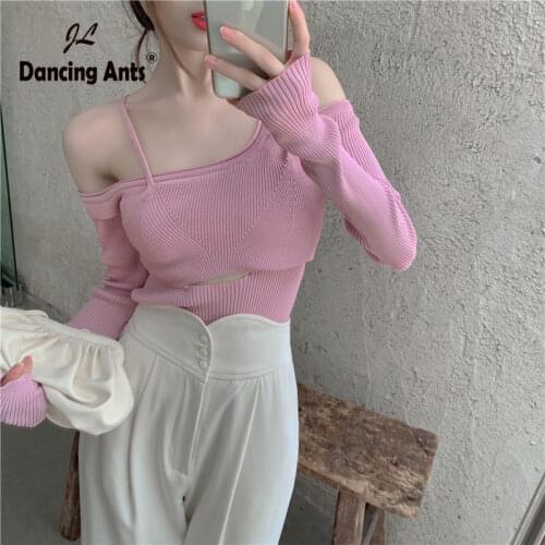 Women Knitted Sweaters Irregular-Collar Long Sleeve Pullovers Hollow Out Casual Slim Solid Autumn Or Spring New Woman Sweater