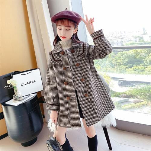 4 6 8 10 12 Years Children Girls Khaki Trench Outerwear Winter Girls Thicken Plaid Jackets Woolen Long Parka Teenager Warm Coat