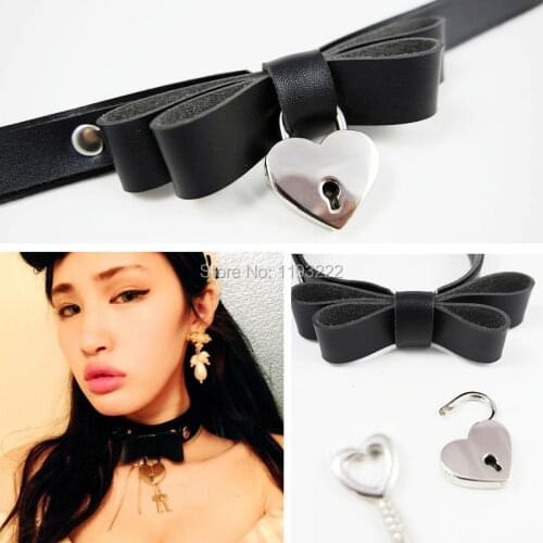 100% Handmade Killer Dark Punk Gothic Lolita Bow Bowknot Leather Necklace, Safe Heart Lock Key Choker Collar Necklace