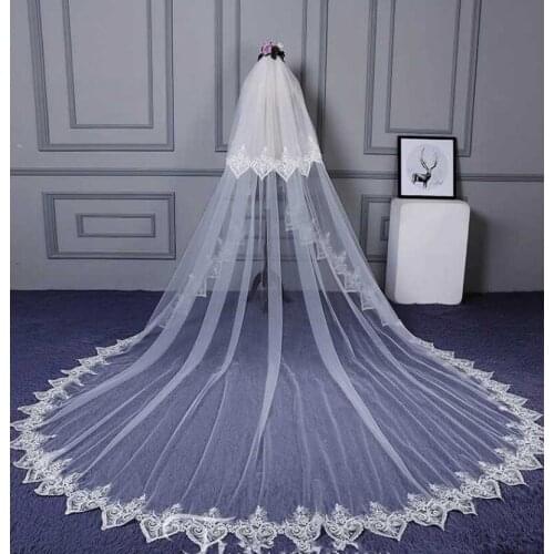 2019 Elegant Bridal Veils White Ivory Cathedral Length Lace Appliqued Edge Blusher Face Bridal Wedding Veil Customized