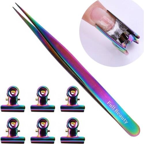6Pcs Russian C Curve Nail Extension Pinching Clip Tool Stainless Steel Acrylic Nail Pincher Clips Fiber Glass Nails Art Tweezers