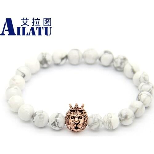 Ailatu Fashion Masculinas Howlite Stone Lion King Crown Head Bracelet Lady Pulseras Hombre Bracciali Mens Elastic Bead Jewelry