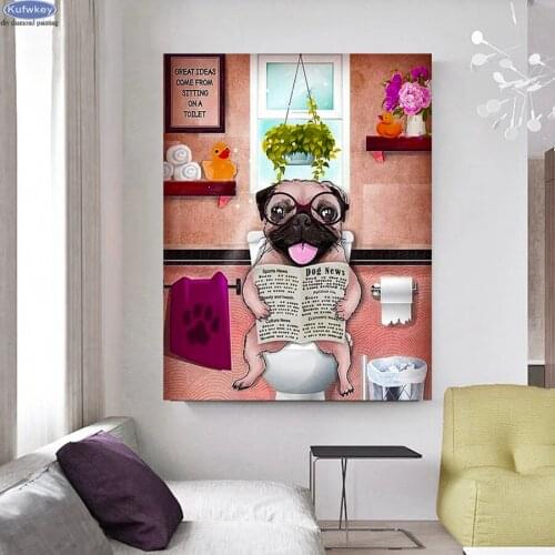 Diamond Embroidery Sharpei Dog Sitting On The Toilet 5D Diamond Painting Diy Diamond Mosaic Needlework Bathroom Home Decoration