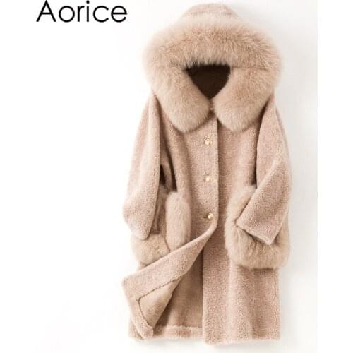 Aorice Women Long Real Sheep Fur Jacket Coat Female Fox Fur Collar Wool Fur Trench Plus Size Parkas Coats Jackets H99178-A