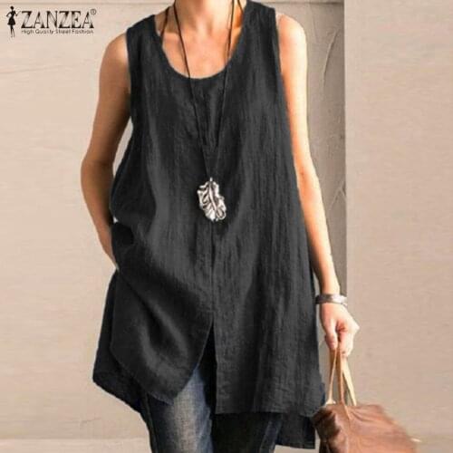 Plus Size Womens Split Blouse 2021 ZANZEA Elegant Casual Tops Solid O Neck Cotton Blusas Female Sleeveless Shirts Summer Tunic