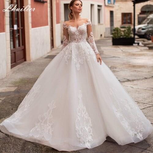 Lhuilier Elegant A Line Long Sleeves Wedding Dresses 2021 Lace Appliques Floor Length Illusion Bridal Dress with Court Train