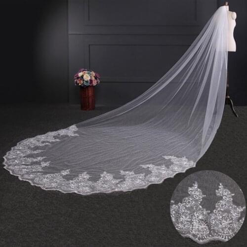 New 4M White Ivory Cathedral Wedding Veils Long Lace Edge Bridal Veil With Comb Wedding Accessories Bride Mantilla Hot Veil