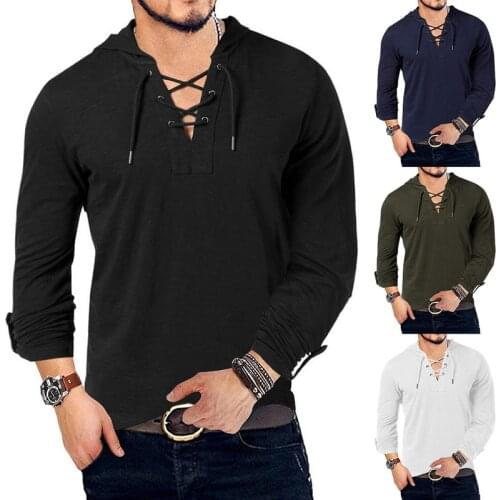 New Fashion Mens Hooded Tee Long Sleeve Cotton Henley T-Shirt Medieval Lace Up V Neck Outdoor Tee Tops Loose Casual Solid Shirt