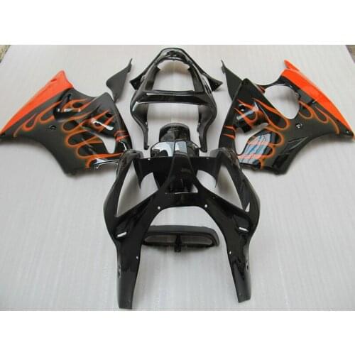 Injection mold Fairing kit for Kawasaki ZX 6R 2000 2001 2002 orange flames in black ZX-6R zx6r 00 01 02 ABS fairings set AA56