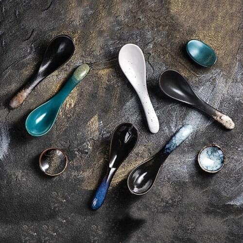 1PC Japanese Style Ceramic Short Handle Spoon Small Porcelain Spoon DIY Household Kitchen Tool Tableware Decor