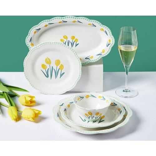 Tulips Ceramic Dinner Plate 8/10 Inches Bread Cake Pie Dessert Plates Home Restaurant Fruits Salad Dishes Party Tableware Gift