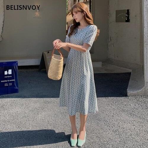 Korean Chic Midi Dress Summer Puff Sleeve Elegant Office Lady Temperament chiffon Floral Printee Retro Women Dress With Belt