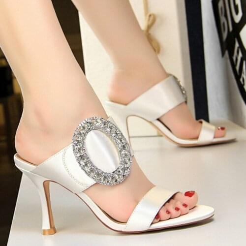 European and American summer fashion sexy banquet high heels satin with shiny shiny sandals and slippers blingbling Slides Solid