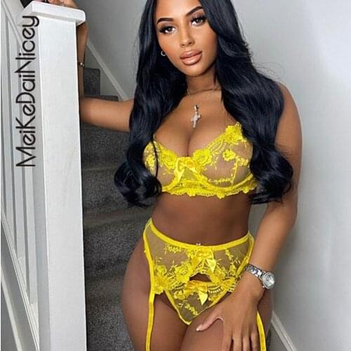 MeiKeDaiNicey 3-piece Embroidery Lace Bra Set Women Bow Bra Underwire + Panty Underwear Set 3 Colors Ladies Sexy Lingerie Set