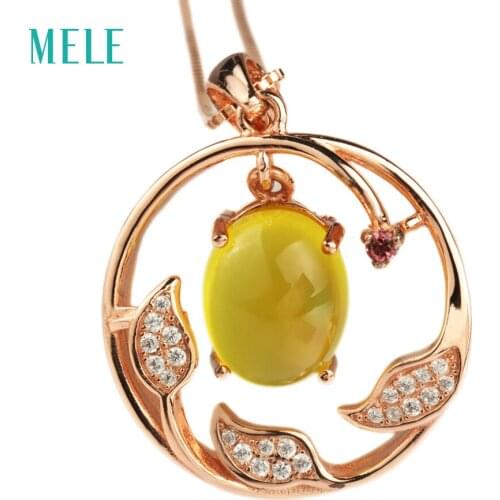 MELE Natural yellow prehnite 925 silver pendant, oval cut 9mmX11mm vivid and lovely pendant for women