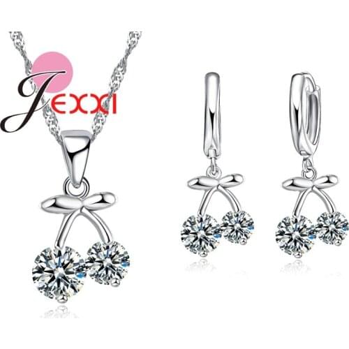 Cute Cherry Shape Silver Jewelry Double Round Crystal Hanging Necklace Earrings Set Fashion Women Party Wear