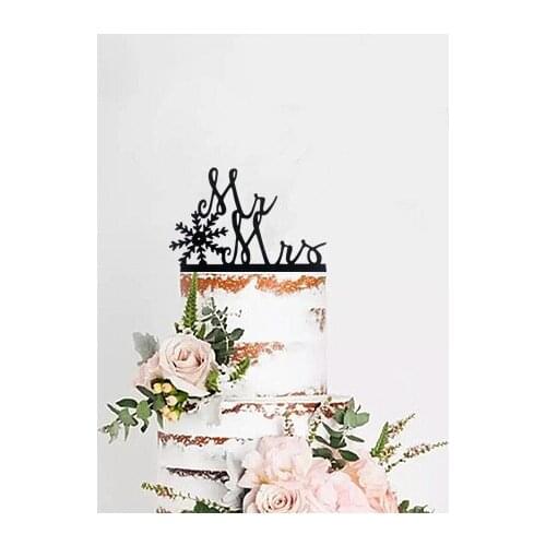 Mr and mrs with snow shape wedding cake topper black acrylic toppers for weinter wedding engagement party decoration supplies