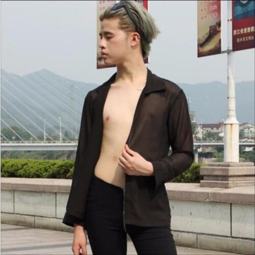 S-4xl New Fashion Male Perspective Chiffon Sunscreen Shirt Long-sleeve Men Casual Loose Transparent Sun-shading Clothing