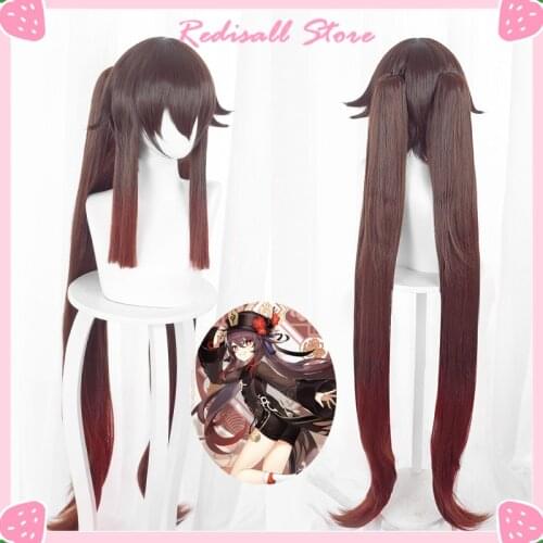 Genshin Impact Hutao Cosplay Wig Hu Tao Gradient 2 Pigtails 120cm Long Straight Heat Resistant Synthetic Hair Ponytails