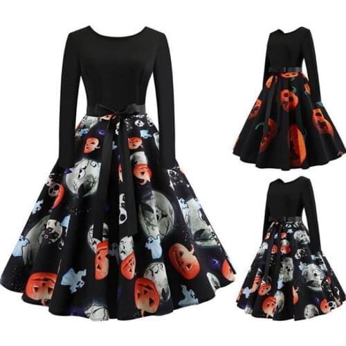 Halloween Terror Skull Pumpkin Ghost Print Dress Long Sleeves For Women Fancy Horror Party Slim Swing Pleated Midi Dress Costume