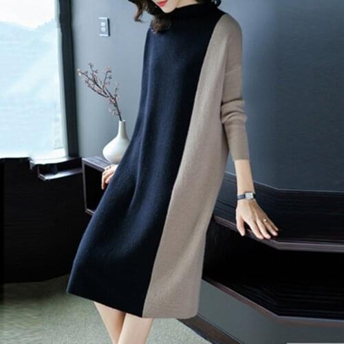 Europe Women 2020 Autumn Winter Stitching Fashion Long Sleeve Dress Female Half Turtleneck Knee-Length Knitted Dress