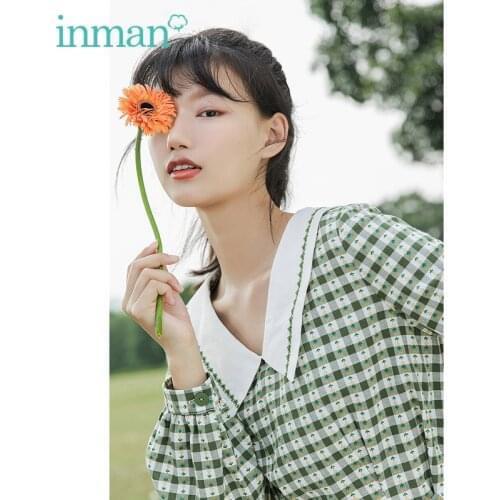 INMAN Females One Piece Spring Cute Young Sweet Style Lapel Plaid Stripe Belt Long Sleeve Cotton Women Girl Clothing Dress