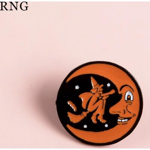 RNG Round Brooch star moon old man shows teeth evil big eyes wizard rides broom around sky metal enamel pin lapel clothes pins