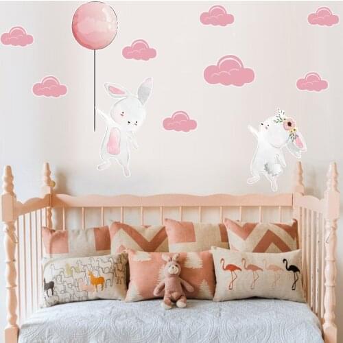Pink cloud rabbit balloon self-adhesive wall sticker childrens bedroom graffiti decal cartoon animal mural wallpaper