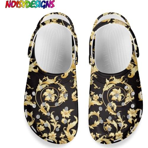 NOISYDESIGNS Men Women Sandals Summer Hole Shoes Women Unisex Garden Shoes Europen Golden Floral Beach Flat Sandals Slipper