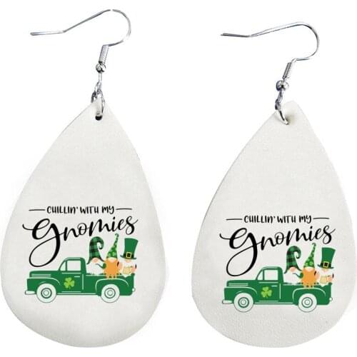 St Patricks Day Gnomes With Old Truck Earrings Faux Leather