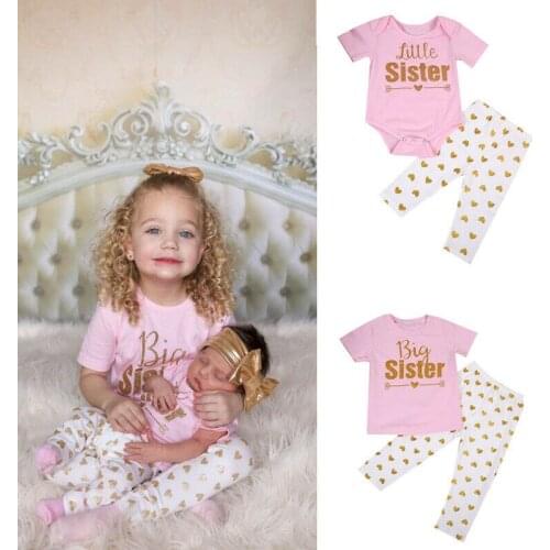Sister Matching Newborn Baby Girls Romper T-shirt Tops +Pants Outfit Clothes Letter Print Short Sleeve Bodysuit Set