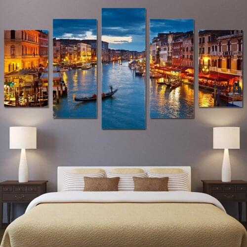 Modern Wall Art Poster HD Prints Pictures Home Decor 5 Piece Venice Water City Boat Light Landscape Canvas Painting(No Frame)