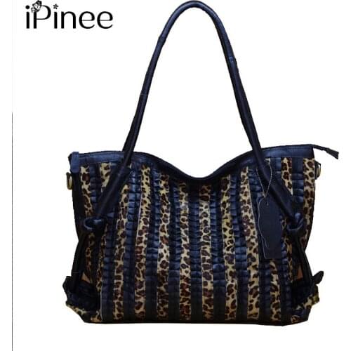IPinee Large Capacity Women Shoulder Bag 100% Genuine Leather Handbag Leopard Print Fashion Lady Crossbody Messenger Tote