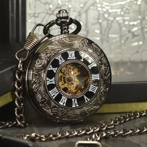TIEDAN Steampunk Luxury Fashion Antique Skeleton Mechanical Pocket Watch Men Chain Necklace Business Casual Pocket & Fob Watches