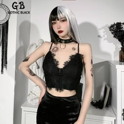 Gothblack Sexy Solid V Neck Splice Lace Crop Tank Top Women Dark Bodycon Backless Camisole Fashion Slim Street Casual Club Vest