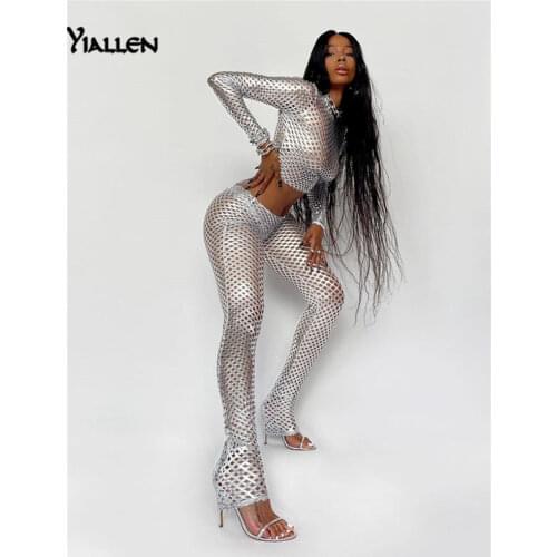 Yiallen Autumn New Women Sexy Hollow Out Hole Streetwear Tracksuit Simple Slim Stretch Silver Tracksuit Two Piece Set Female