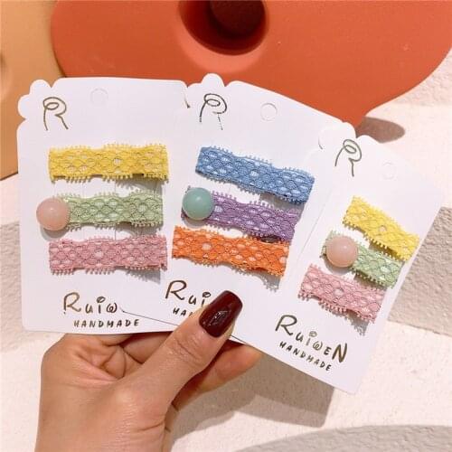 3 Pcs New Korean Cute Baby Colorful Button Lace Duckbill Clip Headdress Fashion Girl Childrens Hairpins Hair Accessories