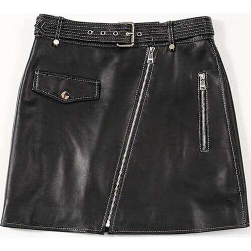 Genuine Leather 2020 spring new wild street skirt women motorcycle belt irregular zipper A-line mini skirt