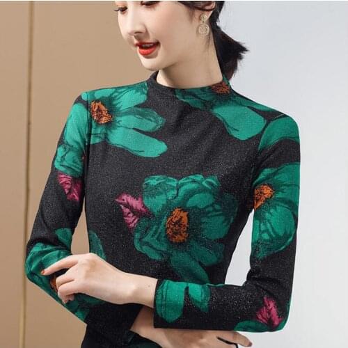 New 2021 Spring Autumn Women Tops Fashion Casual Long Sleeve Print Mesh T-Shirt Elegant Slim Plus Size Female Tees clothing
