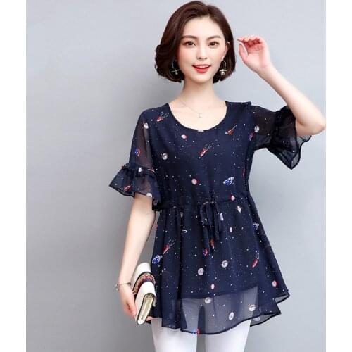 Plus Size L-5XL Women Chiffon Blouse Summer 2021 New Fashion Printing Ruffles Short-sleeve Pullovers Tops Loose Thin T-shirt