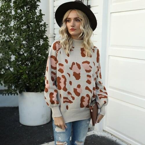Womens Autumn and Winter Hot Style Tops High-neck Pullover Lantern-sleeved Sweater Leopard Print Sweater High-quality Top