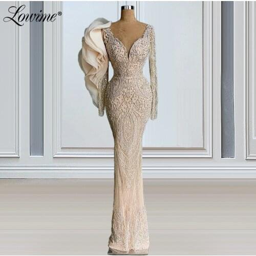Lowime Middle East Women Elegant Evening Dress 2021 Plus Size Custom Made Beaded Crystals Mermaid Long Sleeves Muslim Party Gown
