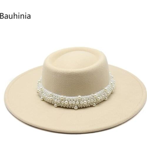 2021 Autumn Winter Retro Wool Fedoras Hat With pearl Ribbon Elegant Lady Hepburn Flat Top Cap Formal Party Wedding Hats