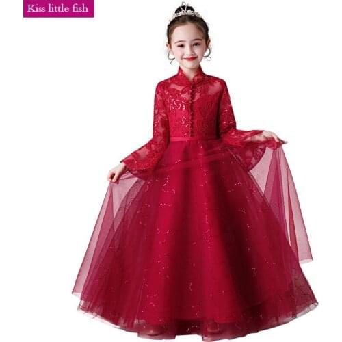 Free Shipping Girls Pageant Dresses Flower Girl Dresses for Weddings Floor-Length Dark Red Girl Dress