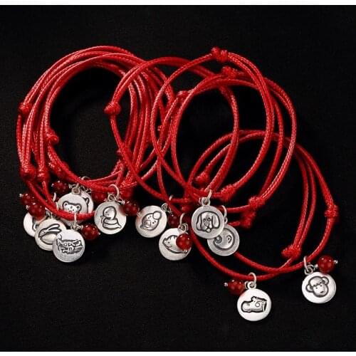 S990 Sterling Silver Chinese Zodiac Charm Bracelets Women Girls Fine Jewelry Simple Red Rope Bangle 8 Shape Bracelets Adjustable