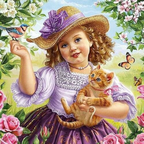 JMINE Div 5D Girl Hat Cat Flower Full Diamond Painting cross stitch kits art High Quality Portrait 3D paint by diamonds