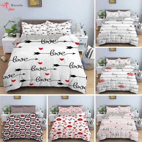 Valentines Day Love Heart Shape Quilt Bedding Set for Lover Double Bed King Queen Couple Duvet Cover Lips Kiss Comforter Covers