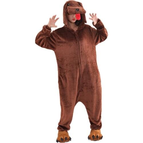 Brown Dog Onesies Zipper Pajama Animals Kigurumis For Women Men Flannel Warm Winter Suit