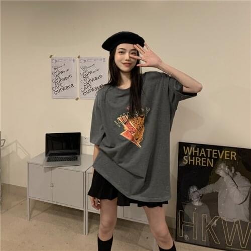 Summer loose hedging leopard head print short-sleeved T-shirt all-match casual college wind jacket women